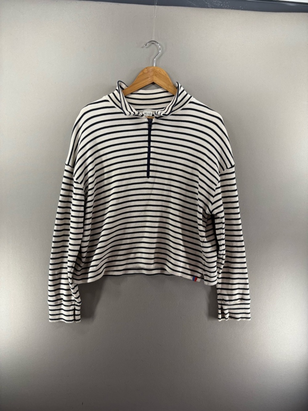 Kule Rosewell Blue Cream Striped Waffle 1/2 Zip Pullover Sweater Women's Large